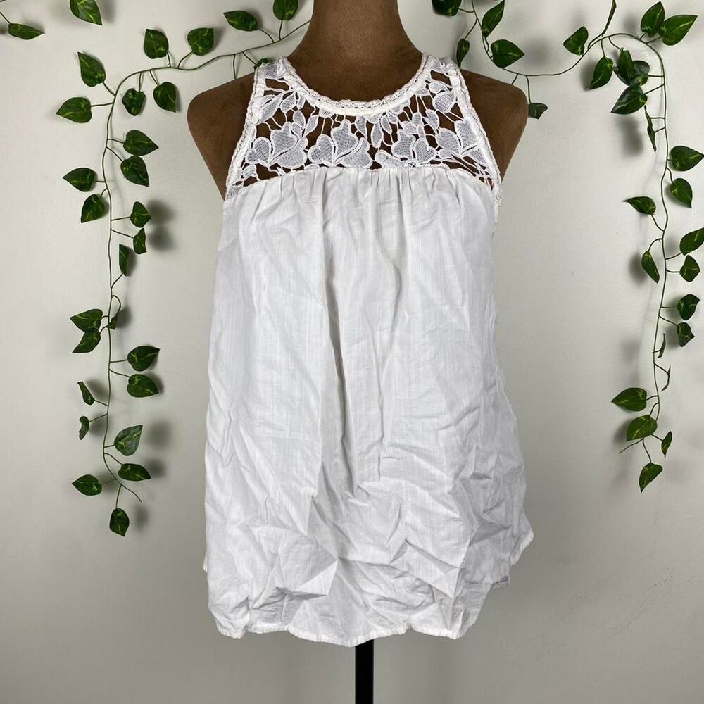 white lace floral sleeveless blouse flowy cottage fairy ruched top crochet trim